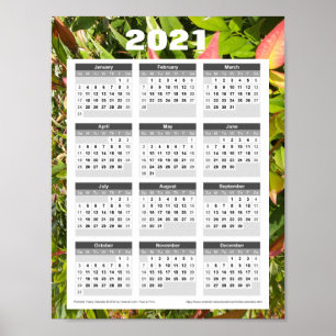 2021 Wall Calendar. Green Leaves Poster