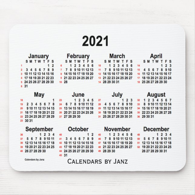 2021 White 52 Weeks Calendar by Janz Mouse Pad (Front)