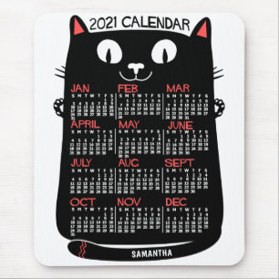 2021 Year Monthly Calendar Mid-Century Black Cat Mouse Pad