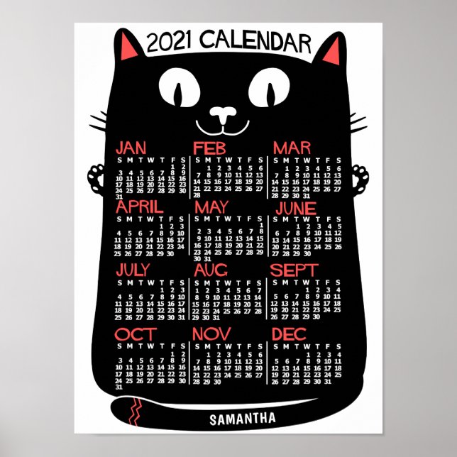 2021 Year Monthly Calendar Mid-Century Black Cat Poster (Front)