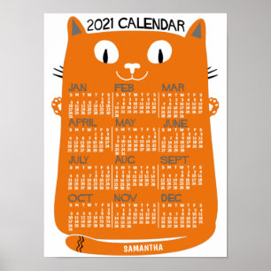 2021 Year Monthly Calendar Mid-Century Orange Cat Poster