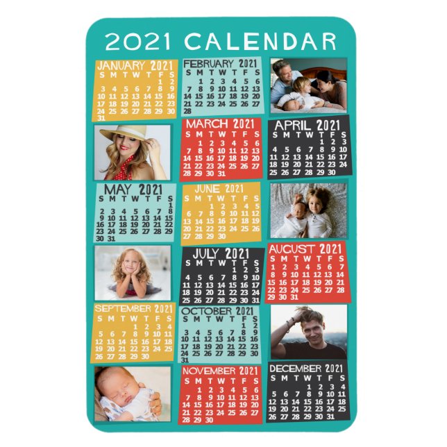 2021 Year Monthly Calendar Modern Photo Collage Magnet (Vertical)