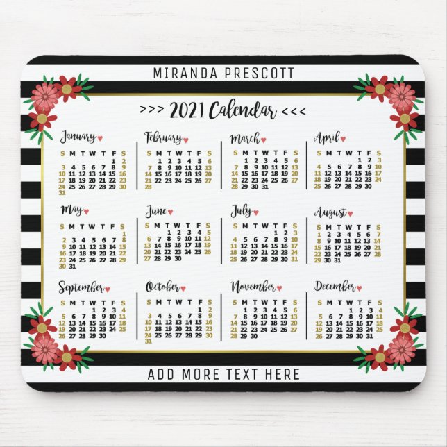 2021 Year Monthly Calendar | Preppy Floral Stripes Mouse Pad (Front)