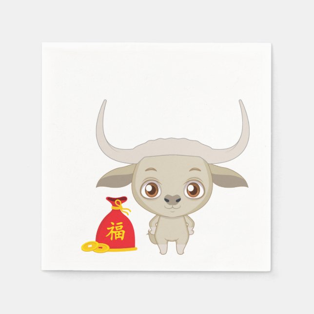 2021 Year of the White Ox Cartoon Red Sack Napkin (Front)
