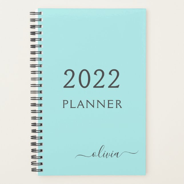 2022 Aqua Blue Teal Girly Script Monogram Name Planner (Front)