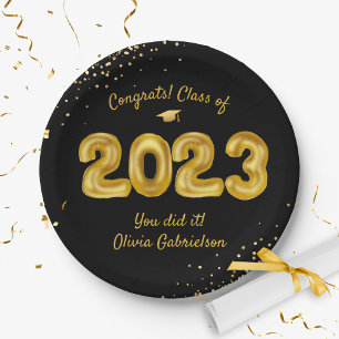 2022 Balloons, Black and Gold Graduation Party Paper Plate
