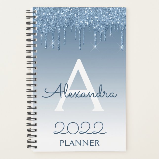 2022 Blue Glitter Drips Sparkle Monogram Planner (Front)