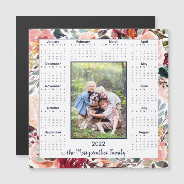 2022 Blush Floral Photo Magnetic Calendar (Front/Back)