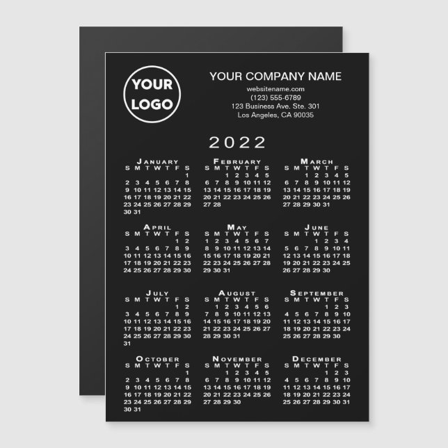 2022 Calendar Business Logo Text Black Magnet Card (Front/Back)