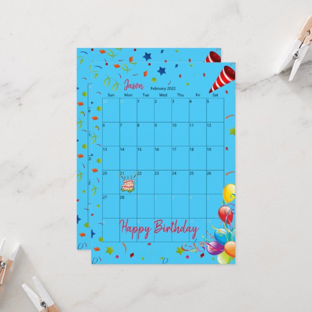 2022 Calendar February Happy Birthday Invitation  (Front/Back In Situ)