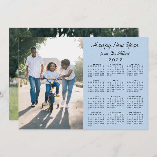 2022 Calendar Light Blue  2 Photo Happy New Year Holiday Card (Front/Back)