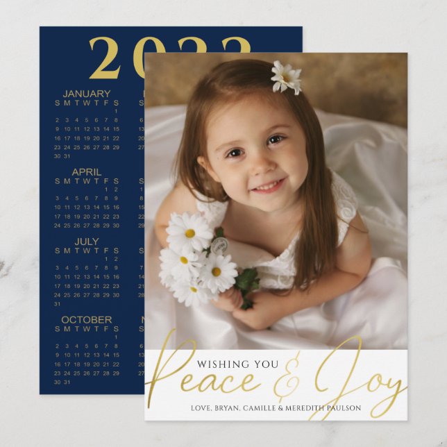 2022 Calendar PEACE AND JOY Gold Script Photo Holi Holiday Card (Front/Back)