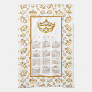 2022 Calendar Queen Hearts Gold Crown Tiara Border Kitchen Towel