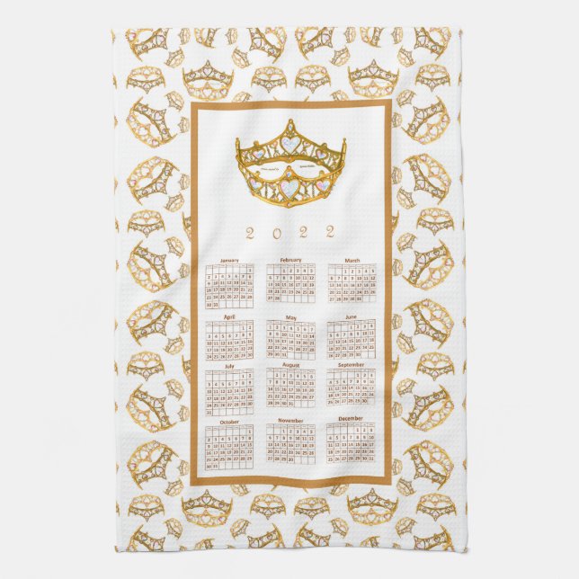 2022 Calendar Queen Hearts Gold Crown Tiara Border Kitchen Towel (Vertical)
