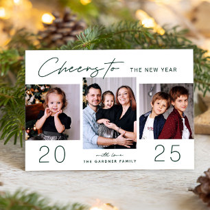 2022 Cheers to the New Year Festive Green 3 Photo Holiday Card