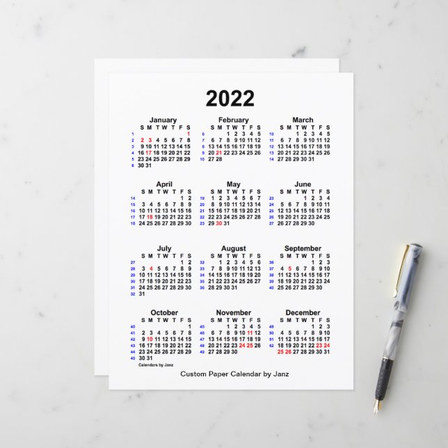 2022 Custom Holiday 52 Week Calendar by Janz (Front/Back In Situ)