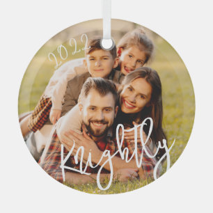 2022 Custom Modern Script Family Photo Name Glass Ornament