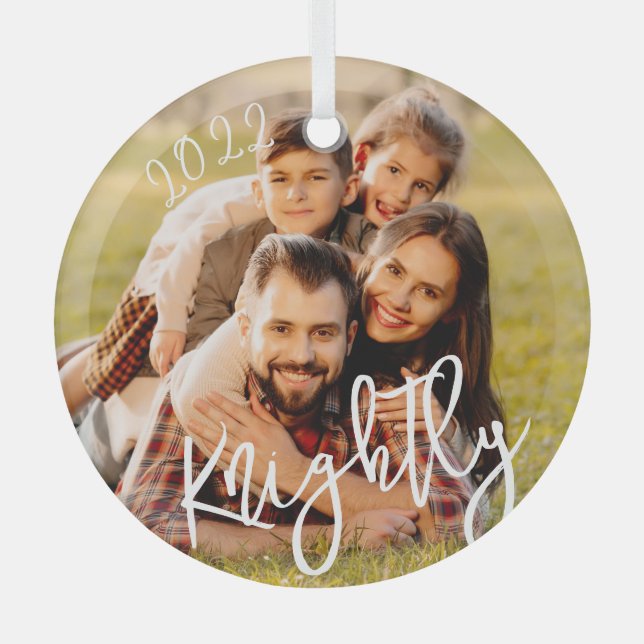 2022 Custom Modern Script Family Photo Name Glass Ornament (Front)