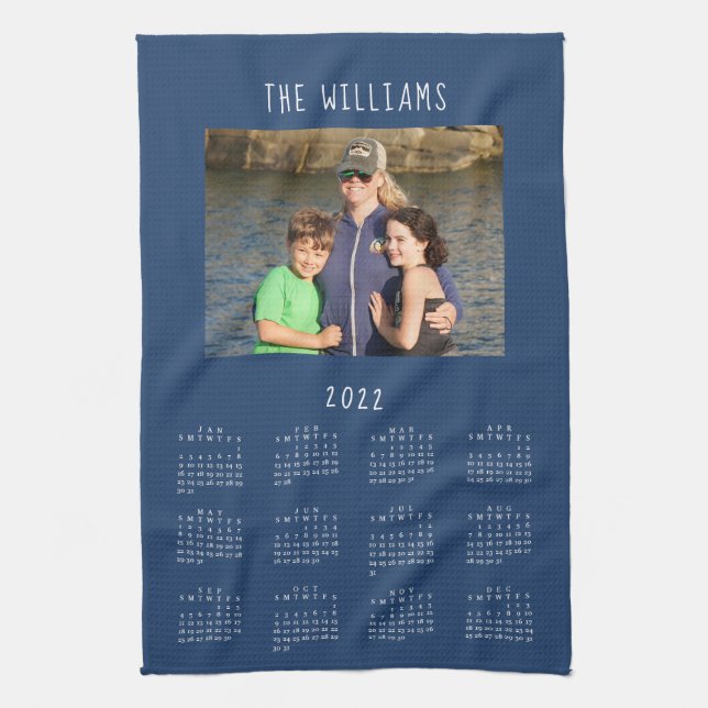 2022 Family Photo Blue Calendar Kitchen Towel (Vertical)