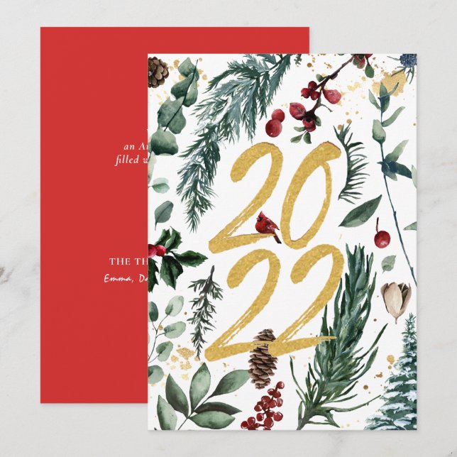 2022 Festive Gold Pine Bough Magnolia Christmas  Holiday Card (Front/Back)