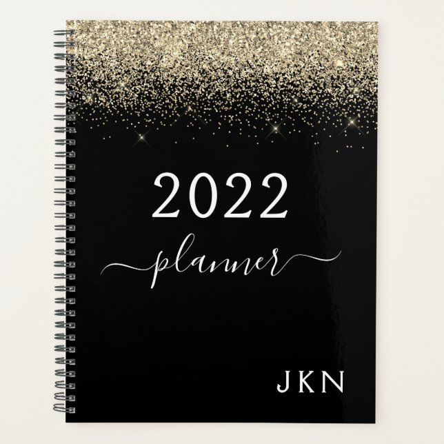 2022 Gold Black Glitter Monogram Glam Planner (Front)