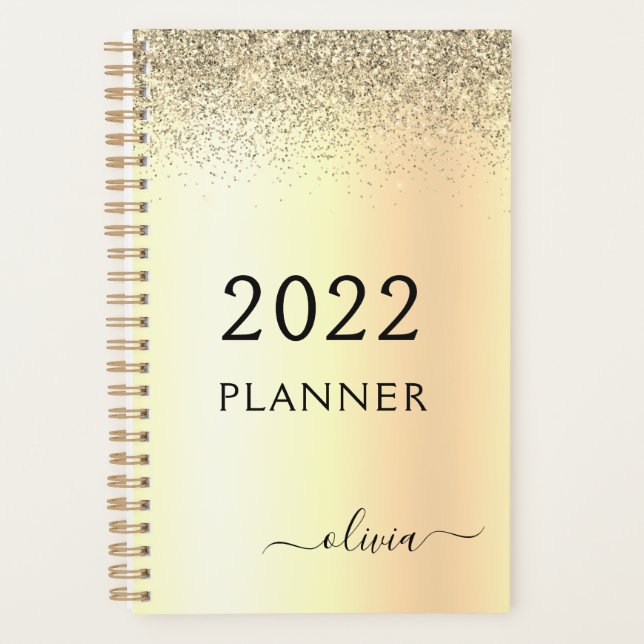 2022 Gold Glitter Metal Monogram Glam Name Planner (Front)