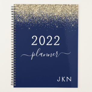 2022 Gold Navy Blue Girly Glitter Sparkle Monogram Planner