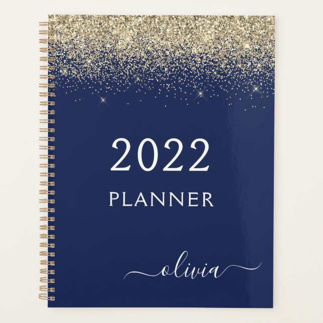 2022 Gold Navy Blue Glitter Sparkle Glam Monogram Planner (Front)