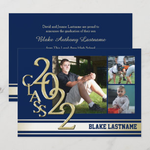 2022 Gold Varsity Stripe Graduate Tri Photo Blue Invitation