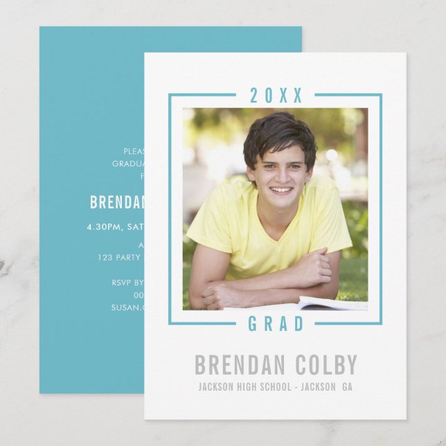 2022 GRAD photo modern frame turquoise aqua blue Invitation (Front/Back)