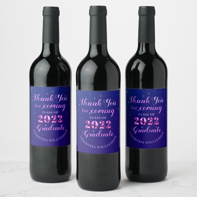 2022 Graduate Thank You for Coming Blue Neon Pink Wine Label (Bottles)