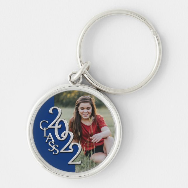 2022 Graduation Keepsake Photo Blue and Silver  Keychain (Front)