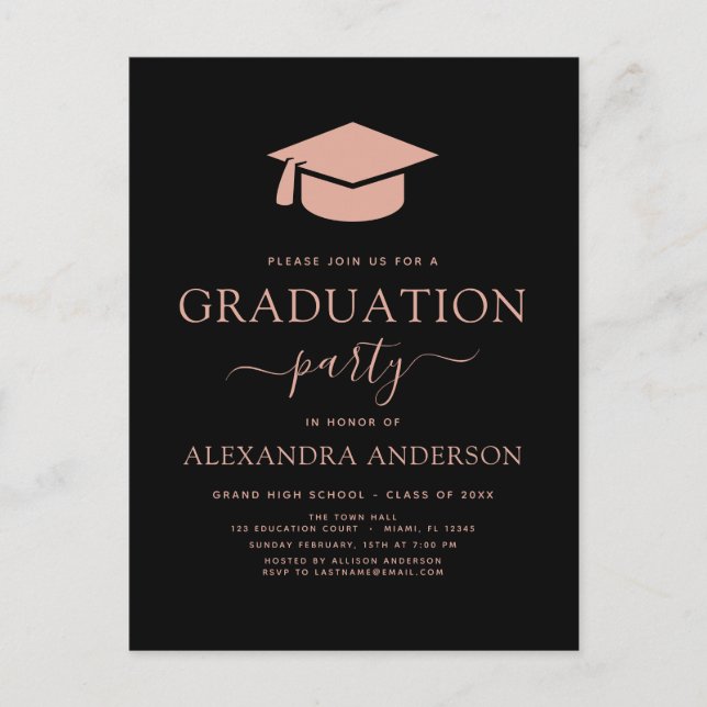 2022 Graduation Party Blush Pink Black Elegant Inv Postcard (Front)