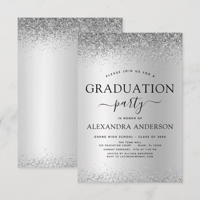 2022 Graduation Party Glitter Silver Black Invitation (Front/Back)