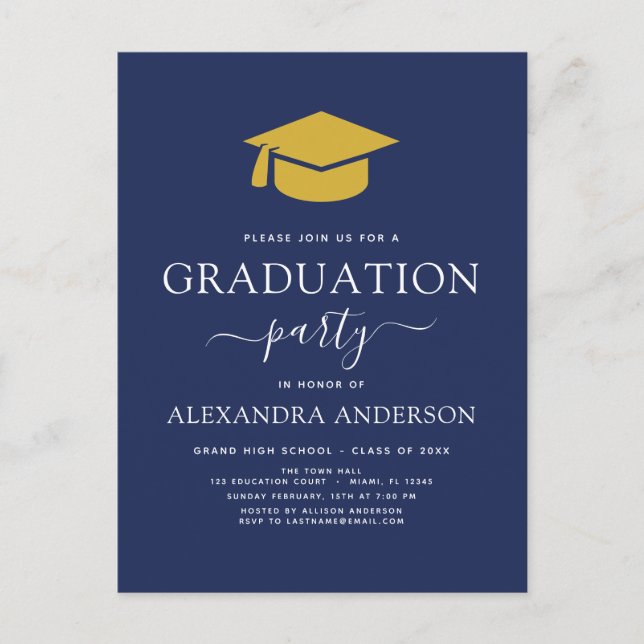 2022 Graduation Party Navy Blue Gold Elegant Invit Postcard (Front)