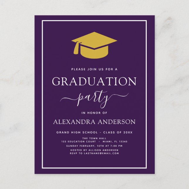 2022 Graduation Party Purple Gold Modern Invitatio Postcard (Front)
