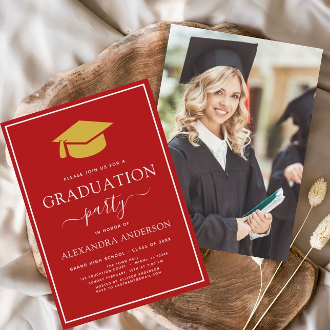 2022 Graduation Party Red Gold Photo Picture Invit Invitation (Creator Uploaded)
