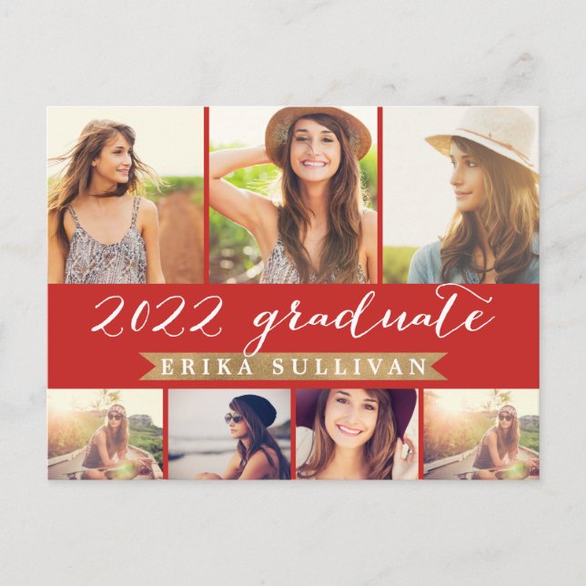 2022 Graduation Script Multi Photo Collage Red Holiday Postcard (Front)