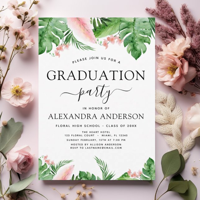 2022 Graduation Tropical Palm Floral Watercolor Invitation (Creator Uploaded)