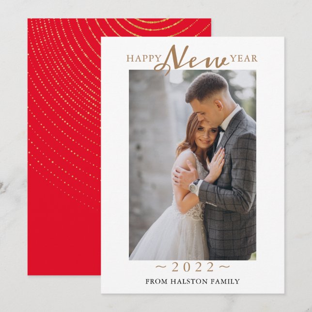 2022 Happy New Year Gold Swirl  Pattern Photo   Ho Holiday Card (Front/Back)