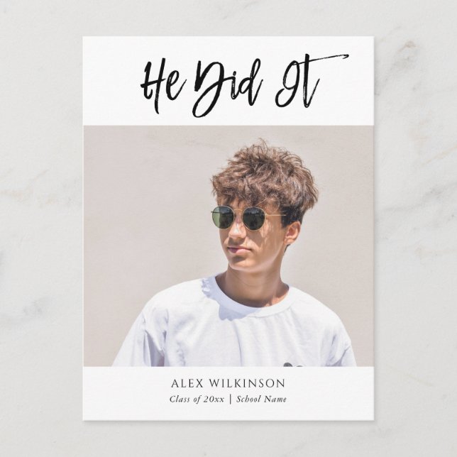 2022 He Did It Modern Calligraphy Photo Graduation Invitation Postcard (Front)