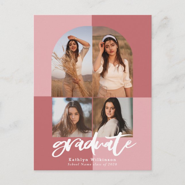 2022 Modern Script Rose Pink Arch 4 Photo Grad Announcement Postcard (Front)