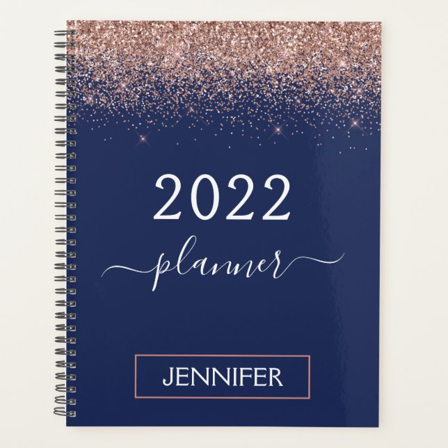 2022 Navy Blue Monogram Glitter Pink Rose Gold Planner (Front)