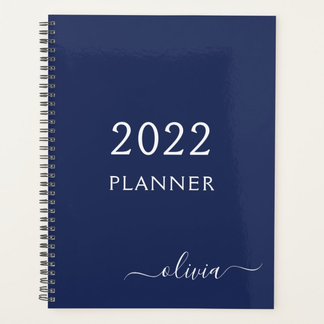 2022 Navy Blue White Girly Script Monogram Name Planner (Front)