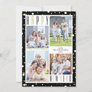 2022 NEW YEAR Calendar 4 Photo Collage Black Gold Holiday Card