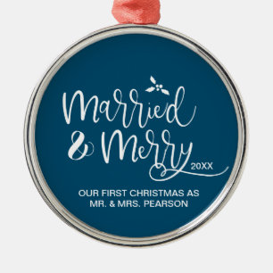 2022 Our First Christmas Married Merry blue Metal Ornament