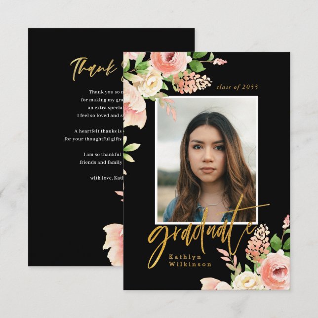 2022 Pink Rose Floral Greenery Elegant Photo Grad Thank You Card (Front/Back)