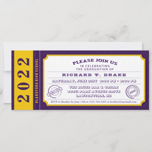 2022 Purple & Gold Ticket Graduation Party Invite (Front)
