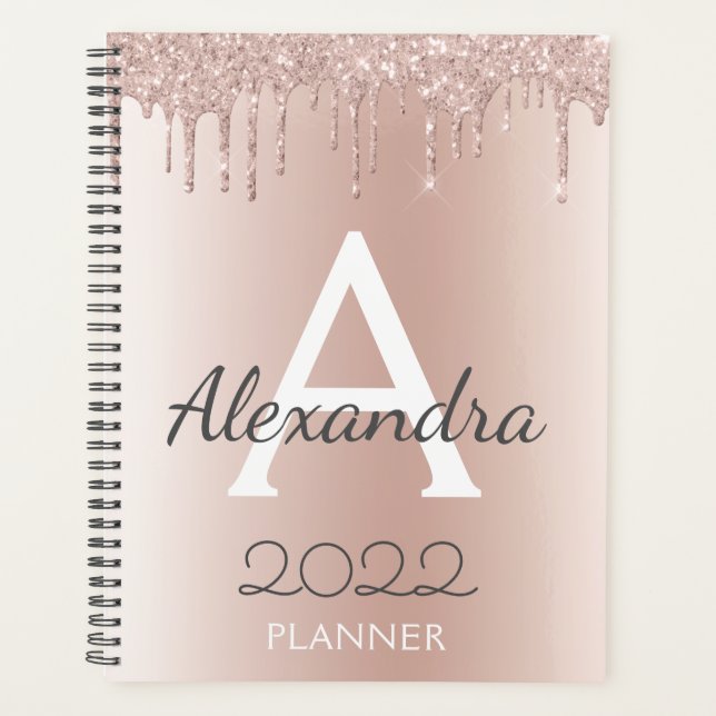 2022 Rose Gold - Blush Pink Girly Glitter Monogram Planner (Front)