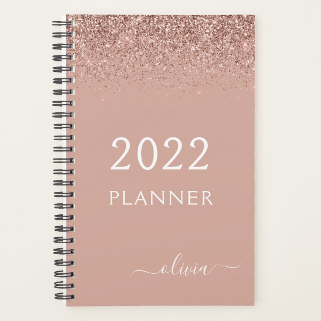 2022 Rose Gold Blush Pink Glitter Monogram Planner (Front)